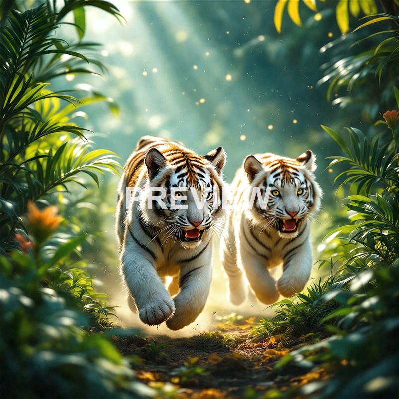 Two white tigers are running through a lush, green jungle with sunlight filtering through the foliage and dust particles floating in the air.